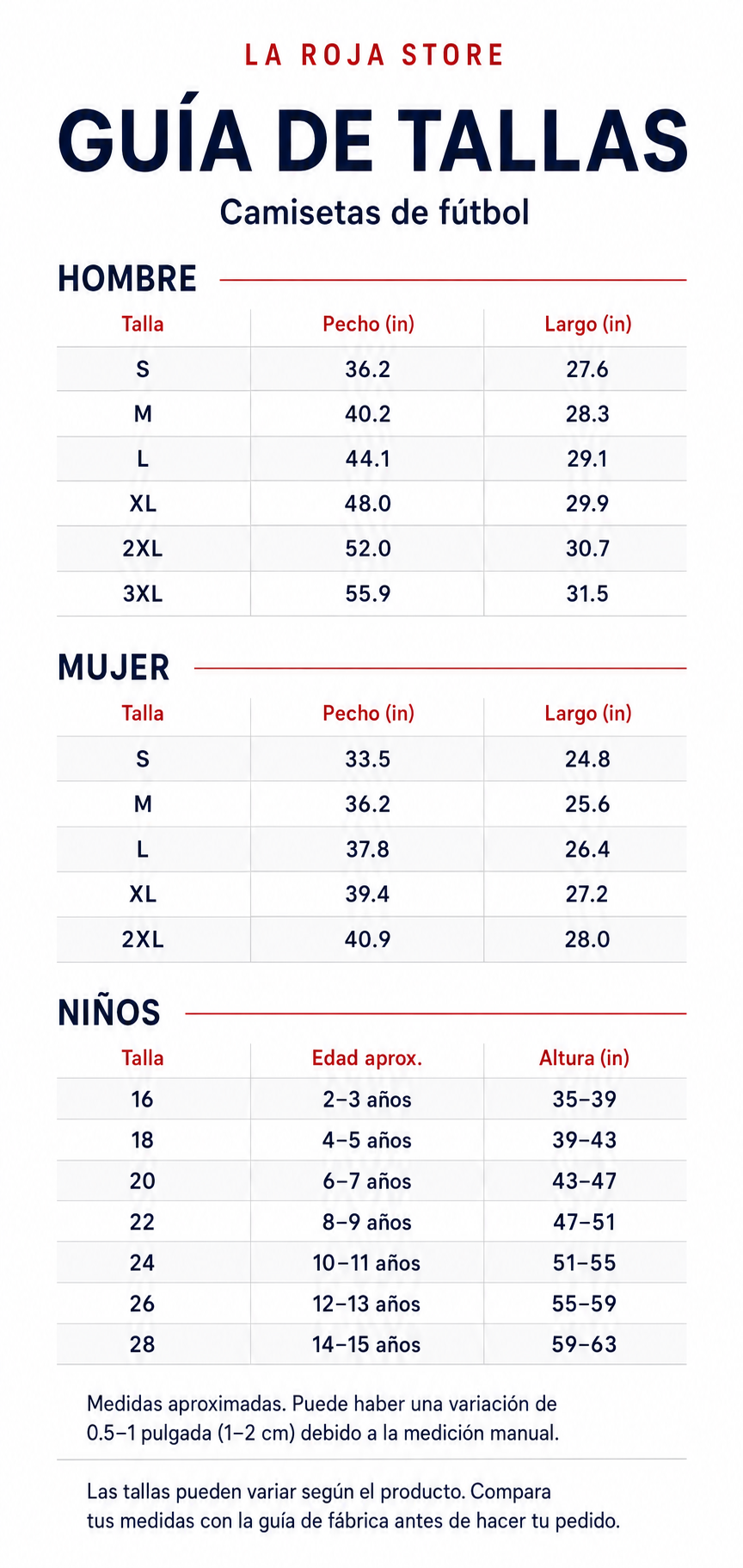 Guía de tallas La Roja Store